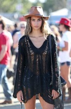 Black Crochet Open-Knit Distressed Boho Top Bell Sleeves Open Back picture