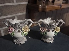 Vintage Bassano Italy Porcelain Mini Urn Vases Pair Applied Roses Ornate Handles picture