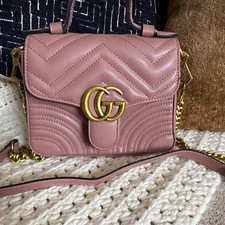 Gucci Pink GG Marmont Quilted Leather Small Top Handle Bag Chain Strap Gold picture