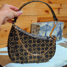 GUESS Brown/Black Logo Crescent Shoulder Bag Zip Top Gold Chain Charm picture