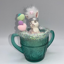 Vintage Ceramic Rhinestone Eyes Bunny Vintage Turquoise Glass Teacup Sugar OOAK picture