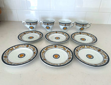Vintage Greek Key Medusa Style Porcelain Tea Cups & Saucers Set 10pc Gold Black picture