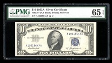 DBR 1953-A $10 Silver Fr. 1707 Gem PMG 65 EPQ Serial A10518643A picture