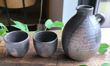 Japanese Shigaraki Ware Hechimon Choshi Sake Bottle & Ochoko 2 Cups with Box picture