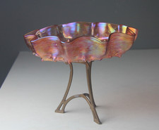 Art Nouveau Austrian Pink/Amber Iridescent Glass Bowl on Art Deco Metal Stand picture