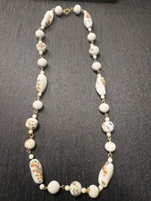 Vintage Hand-Painted Porcelain Floral Beaded Necklace with Gold-Tone Links picture