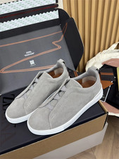 zegna Triple Stitch Slip On Sneakers Light Gray Suede Leather   picture