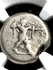 Poseidonia Lucania Silver AR Stater, Poseidon & Bull, NGC Fine picture
