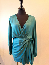 Zara Women's Blue Satin Wrap Mini Dress V-Neck Long Sleeve Tie Waist M picture