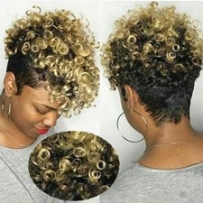 Women's Short Spiral Curly Wig w/Bangs Pixie Cut Black/Brown/Gold Synthetic Hair picture