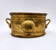Vintage Brass Oval Planter Jardiniere Scallop Shell Handles Nautical Patina picture