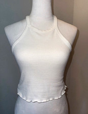 Forever 21 White Ribbed Halter Crop Tank with Lettuce Hem S picture