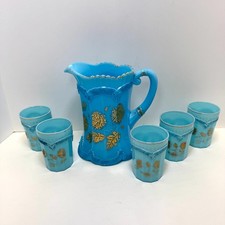 Antique Northwood Pagoda Blue Chrysanthemum Sprig Pitcher 5 Tumblers EAPG picture
