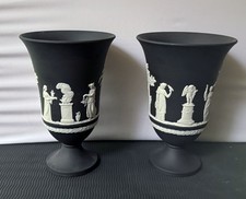 Stunning Pair of Vintage Wedgwood Black Basalt Jasperware Pedestal Vases – RARE picture