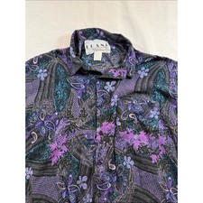 90s Vintage Frank Paisley Rayon Short Sleeve Button Down Shirt Purple Teal M picture
