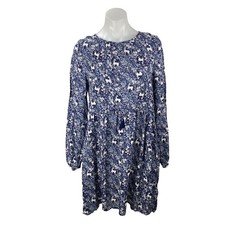 H&M Women's Blue Unicorn Floral Print Long Sleeve Mini Flare A-Line Dress Sz 14 picture