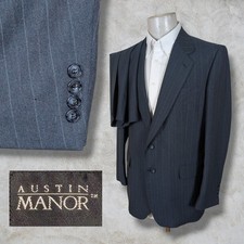 Vintage Austin Manor 2 Piece Suit Mens 42R Pants 34x32 Blue Stripe Wool Blend picture