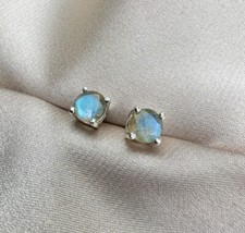 Natural Labradorite Round Cut Stone 925 Sterling Silver Women Tiny Stud Earrings picture
