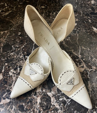 PRADA Women’s D’Orsay Toe Kitten Heel Pumps Canvas Leather 39.5 picture