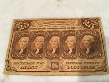 VINTAGE 25 CENT FRACTIONAL CURRENCY, FIRST ISSUE #1281, STRAIGHT EDGES, MONOGRAM picture