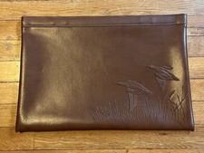 VINTAGE Leather Folio Portfolio Embossed Ducks Wildlife Document Bag Brown 17