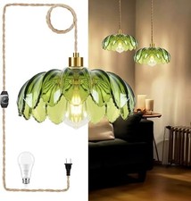Pendant Light Fixture, Glass, Green, Boho Style, Dimmable, Plug In Hanging Lamp picture