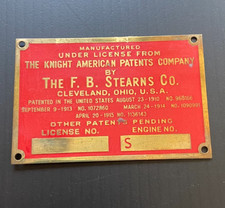 Antique Stearns Knight Brass & Enamel Engine Plate 1910s OEM License Badge Ohio picture