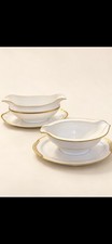 2 Noritake Gravy Boats with Attached Underplates White Gold Different Patterns picture
