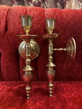 Vtg. Solid Brass Candlestick Wall Mount Sconce Candle Holders From India 15”x 5” picture