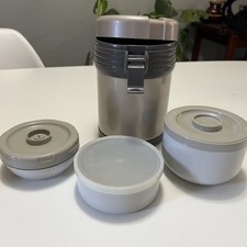 Zojirushi Mr. Bento Stainless Steel Lunch Jar Silver Set Of 3 Internal Canisters picture