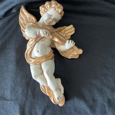 Vintage Chalkware Wall Hanging Cherub Angel Violin Cottagecore Nursery Decor picture