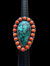 VINTAGE Sterling Silver Turquoise & Coral ring 30 Grams picture