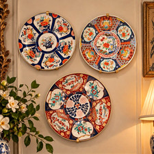 Vintage Japanese Gold Imari Hand Painted Porcelain Curated Plate Wall Set of 3 picture