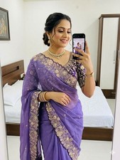 Designer Saree Bollywood Pure Georgette Sequins Work Sari Blouse Wedding Wear picture