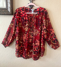 Catherines Women’s Plus Blouse 0X Red Burgundy Floral Woven Tie Neck 3/4 picture