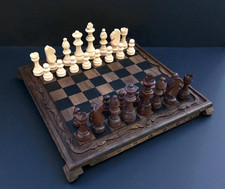 Vintage Chess Board Carved Staunton Pieces Solid Original Walnut Wood - Xmas 🎁 picture