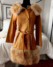 ⁠Vintage 70s Genuine Suede Real Fur Trim Penny Lane Coat Boho Afghan Trench Belt picture