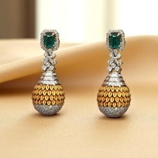 Elegant 6.30 Cts Round Baguette Shape Diamond Emerald Dangle Earrings 14K Gold picture