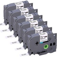 6 Packs Label Tape for Brother TZe-231 TZ-231,Black on White, 0.47