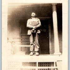 ID'd c1920s Tom Wilson Overalls Porch Snapshot Photo Big House Workwear Man Vtg picture