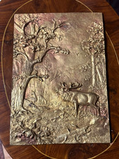 Vintage Relief Plaque Stag in Forest metal copper Love is stronger than death picture