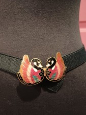 Vintage Style Cloisonne Enamel Double Swan Buckle Black Stretch Belt 28