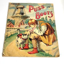 Antique Puss In Boots 1907 McLoughlin Bros Linen Children's Book Home Series NY picture