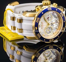 Invicta Men PRO DIVER SCUBA CHRONOGRAPH Gold Blue Silver Dial White Strap Watch picture