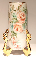 Antique Hand Painted porcelain cylinder Vase Signed Doty Pink Roses Gold Feet picture