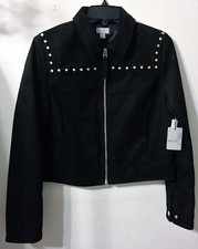 NWT BELLE & SKY BLACK FAUX SUEDE JACKET GOLD STUDDED YOKE ZIPPER Sz M MSRP $100 picture