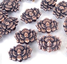 15 Antique Copper Pewter Lotus Flower Buddhist Beads 12x8mm picture