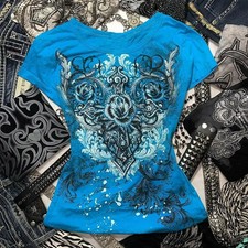 Womens Y2K Blue Rhinestone Rose Graphic T Shirt Slim Fit Aesthetic Top picture