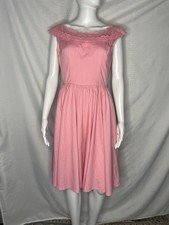 Vtg 1950s Pink Cotton Dress Lace Trim Full Skirt S/M Sleeveless Homemade Demure picture