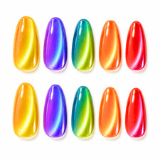 Handmade Rainbow Cat Eye Press On Nails, Multicolor Glossy Fake Nails picture